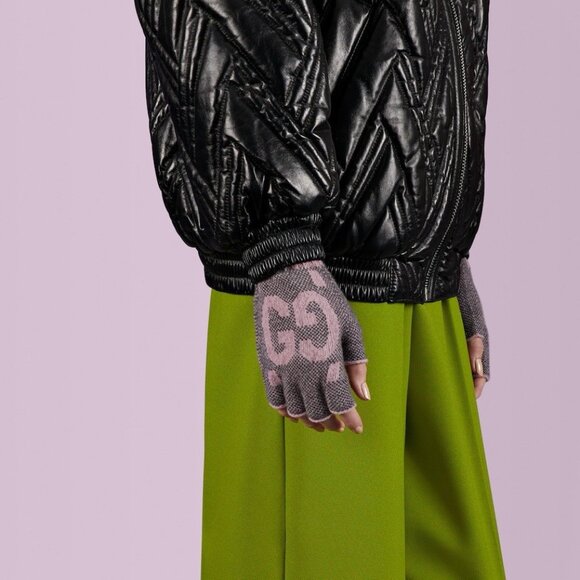 NWT Gucci Cashmere Gloves Pink Grey GG Fingerless Size L 100% Authentic - Picture 2 of 8